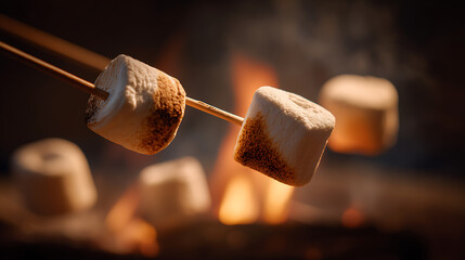 Roasting marshmallows over campfire on wooden sticks, camping treat