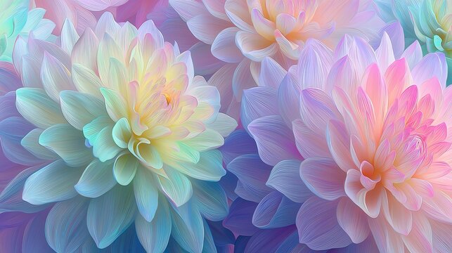 Pastel rainbow gradient background with dreamy chrysanthemums in full bloom, intricate petal details transitioning from light pinks to blues creating ethereal atmosphere for romantic whimsical setting