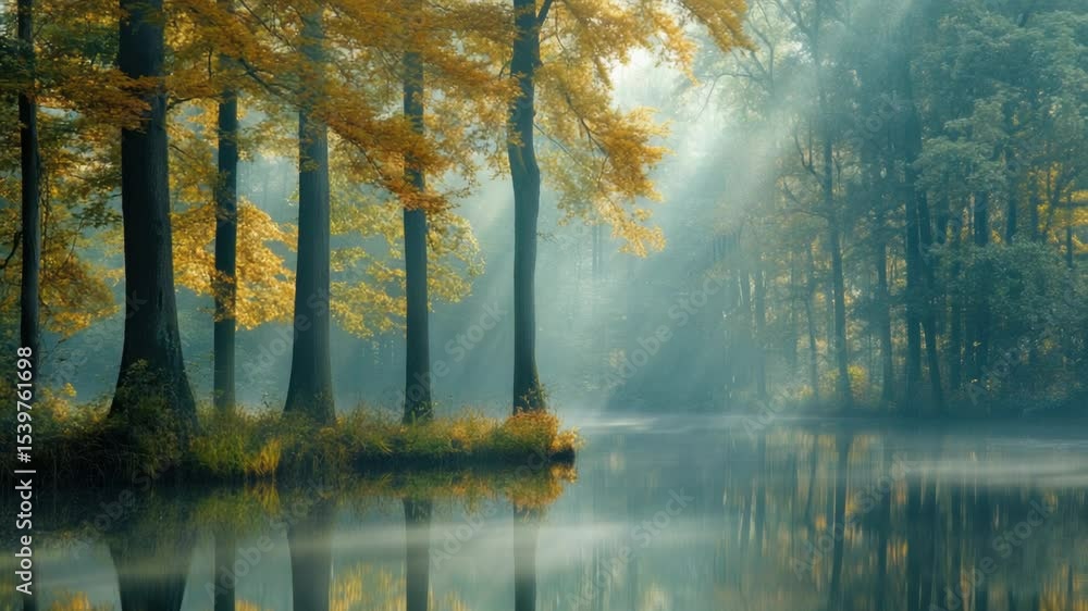 Poster a serene scene with sunlight shining through tree branches on a calm lake