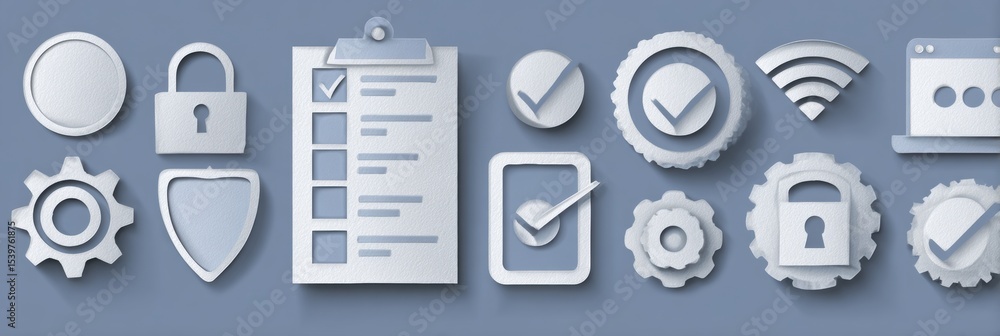 Aufkleber security checklist with layered tech symbols in a paper cutout style for effective assessment of dig