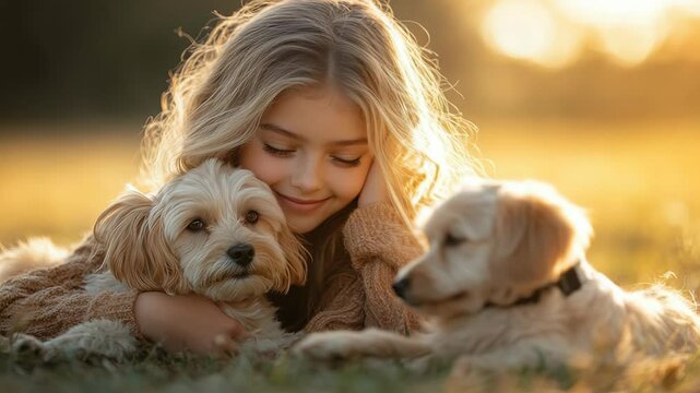 Golden hour bonding: young girl embraces adorable puppies in sunlit meadow
