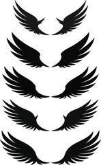 This image features a collection of five different stylized black wing silhouettes, each displayed against a clean white background.