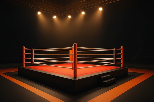 Empty boxing ring under dramatic spotlight in dark arena with red mat and orange ropes on elevated platform, symbolizing competition concept.