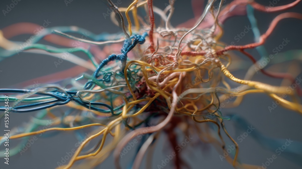 Poster network cable tangled like neurons illustrating disruption in connectivity and communication pathway