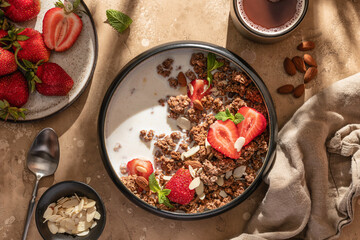 Healthy breakfast: fresh granola, muesli with milk, strawberry and almond for breakfast on brown textured background in bright morning light, top view