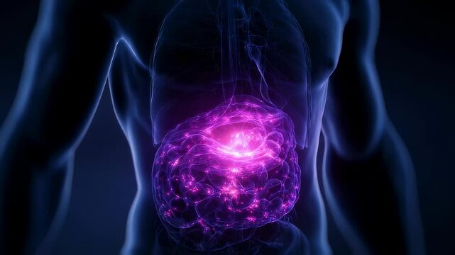 Detailed medical animation revealing anatomical disruption of hiatal hernia, depicting stomach protruding through diaphragm with illuminating visual highlighting internal structural changes