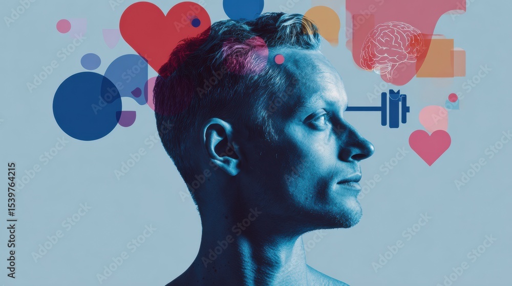 Aufkleber exploring the connection between mind, body, and heart through symbolic floating icons in a side pro