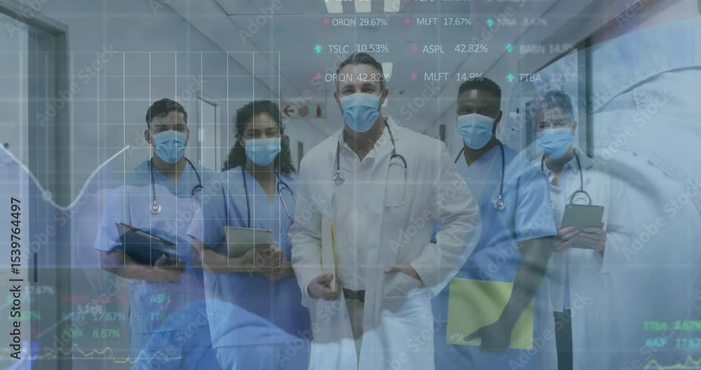 Poster medical team monitoring data visuals sliding in updating graphs for health tracking