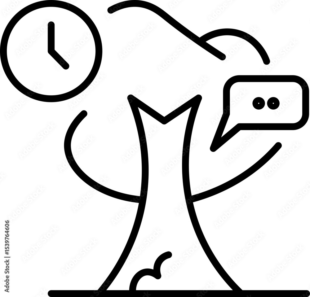 Poster simple line drawing of tree with clock and speech bubble, symbolizing time and communication in natu