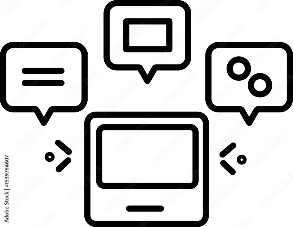 Aufkleber simple black and white icon depicts smartphone with three speech bubbles above it, symbolizing commu