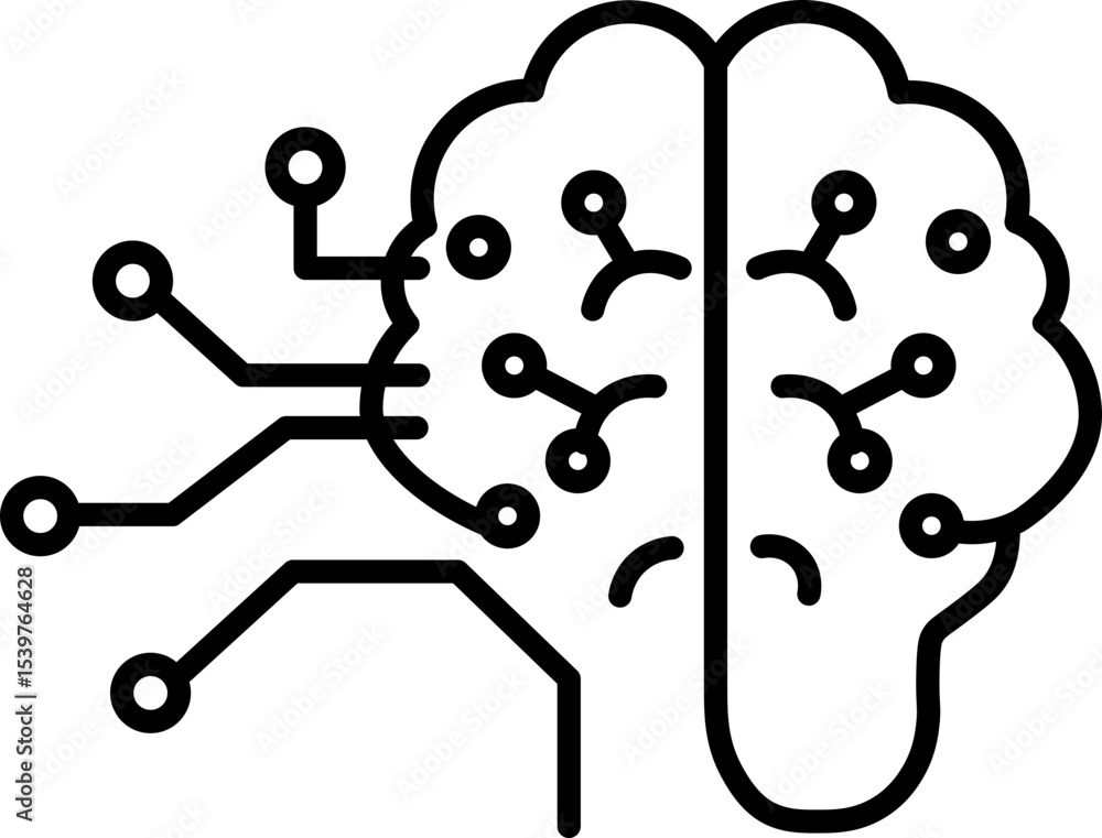 Poster stylized illustration of brain connected to circuit lines, symbolizing artificial intelligence and t