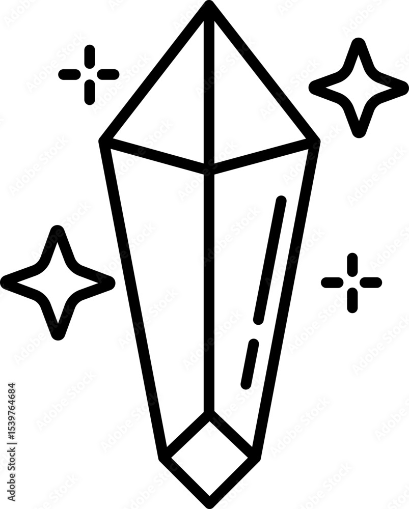 Poster simple line drawing of crystal with sparkling stars around it, conveying sense of magic and elegance