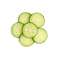 Top view of group of circle cross section slices of fresh raw juicy green cucumber vegetable crop isolated on white background used as ingredient for healthy vegetarian salads and detox water drinks