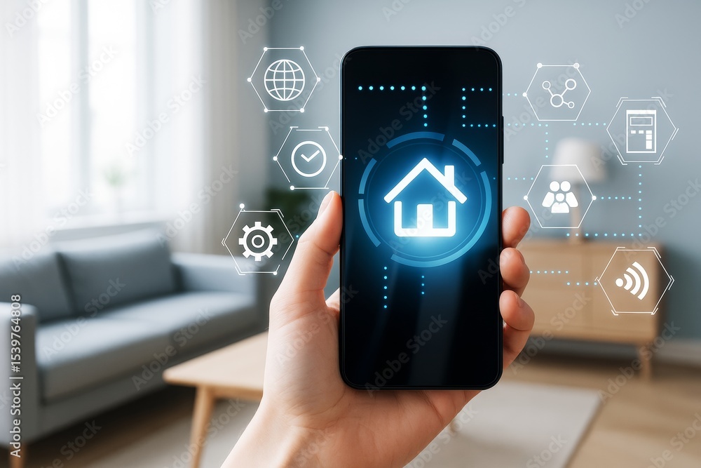 Poster smart home control interface on smartphone with futuristic technology icons in hand, glowing symbols