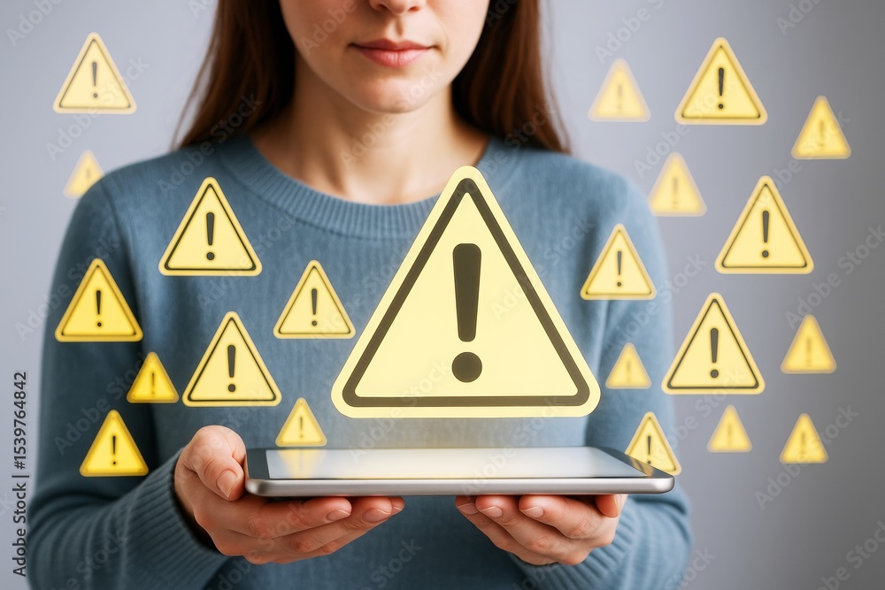 Poster woman holding tablet with floating warning signs indicating tech danger or cybersecurity alert on li