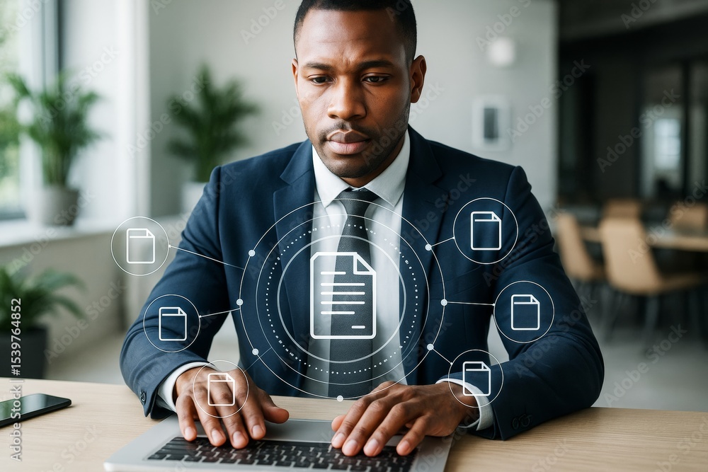 Poster Businessman working on laptop with digital document icons overlay in modern office background, symbolizing data technology and file management concept.
