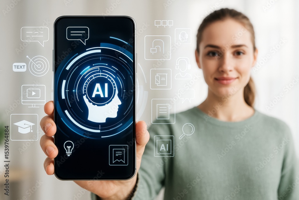 Poster woman holding smartphone with artificial intelligence hologram interface on screen and futuristic ic