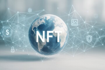 Digital globe with NFT text and blockchain network symbols on a light tech background representing global digital asset exchange concept.