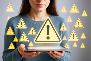 Woman holding tablet with floating warning signs indicating tech danger or cybersecurity alert on light background in futuristic concept style.