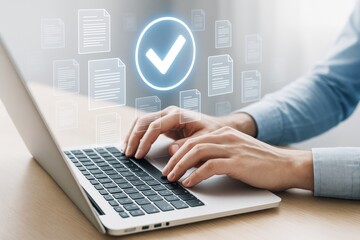 Hands typing on laptop keyboard with virtual glowing checkmark and document icons representing data approval concept on light background.