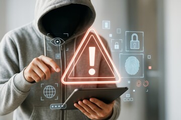 Anonymous hacker using tablet with warning symbol and digital cybersecurity icons on light background, symbolizing data breach and online threat..