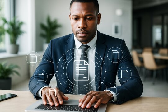 Businessman working on laptop with digital document icons overlay in modern office background, symbolizing data technology and file management concept.