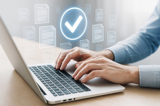 Hands typing on laptop keyboard with virtual glowing checkmark and document icons representing data approval concept on light background.