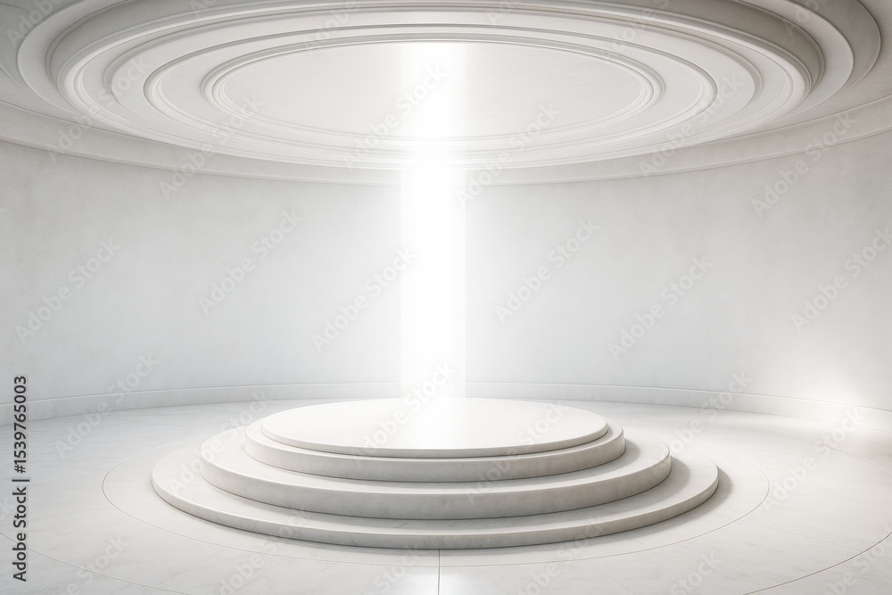 Poster Futuristic white circular podium with beam of light in round room, minimal tech concept background with clean structure and symmetry.
