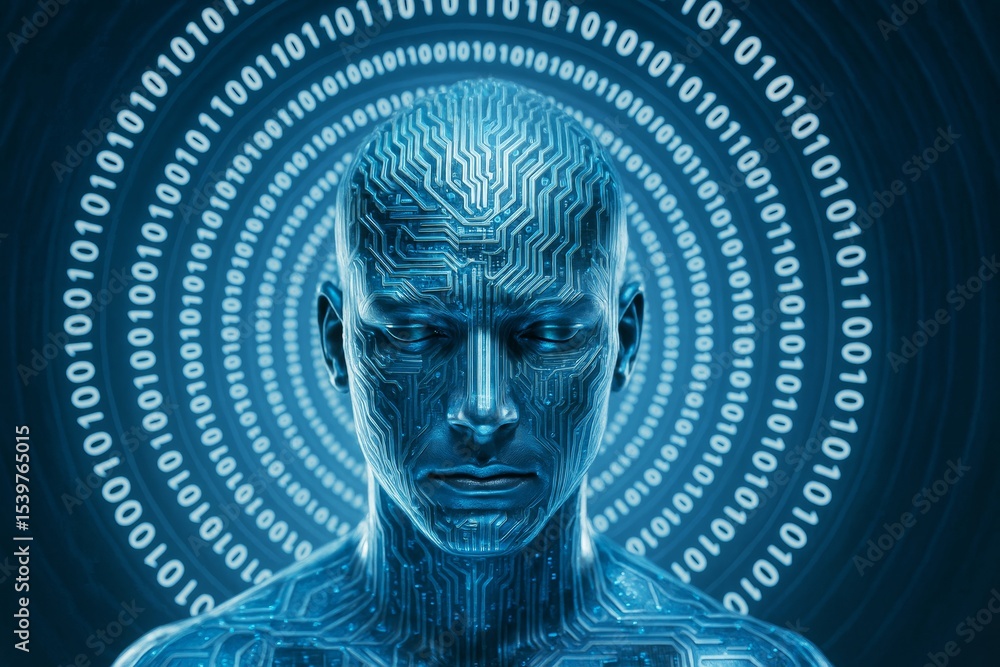 Aufkleber Futuristic human-like figure with circuit patterns and binary code background representing digital intelligence concept in blue light technology style.
