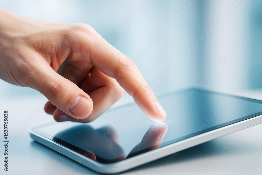 Poster close-up of hand interacting with digital tablet touchscreen in modern tech environment on light bac