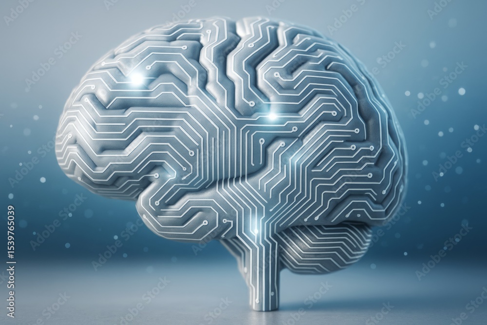 Poster Digital brain model with circuit patterns symbolizing artificial intelligence and futuristic technology on a glowing abstract background.