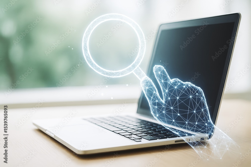 Poster Abstract digital polygonal hand with magnifying glass emerging from laptop screen on desk, symbolizing technology search and data analysis concept.