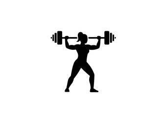 Silhouette of a muscular woman lifting a barbell overhead in a weightlifting stance on a white background