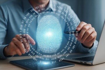 Digital fingerprint identification concept with binary code and holographic biometric security interface on a futuristic tech background in office setting.