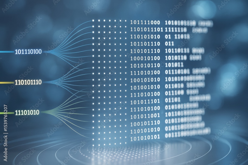 Aufkleber Abstract digital data stream with binary code and glowing connections on a blue light technology background, symbolizing data processing concept.