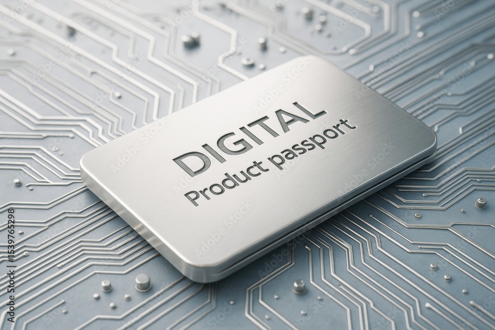 Aufkleber Digital product passport concept with metallic label on circuit board background for modern technology and secure business solutions.