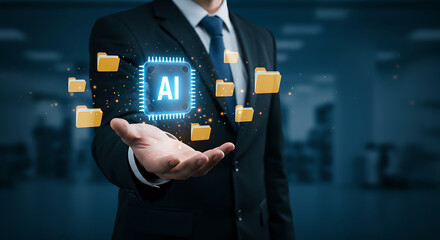 Businessman presenting ai powered data management system