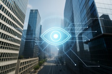 Futuristic digital eye interface with tech HUD overlay on cityscape background symbolizing surveillance and technology integration concept.