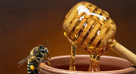 Honeycomb honey dripping into bowl with bee