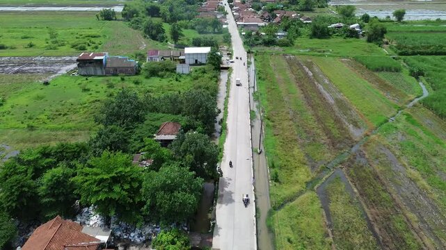 Mojokerto, Indonesia : Aerial footage of rural road with residentials houses, green field, and drainage