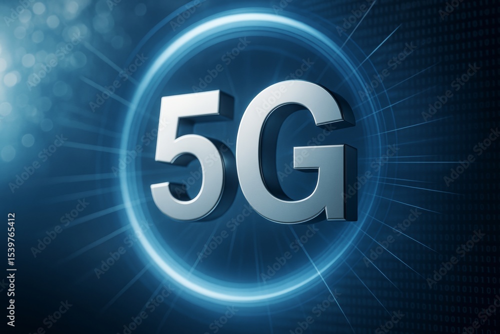 Poster 5g wireless technology concept with glowing digital circle and metallic text on futuristic blue back