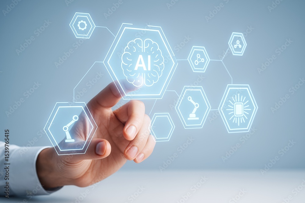 Poster Human hand interacting with AI brain hologram interface on light blue tech background with futuristic icons representing innovation and automation.