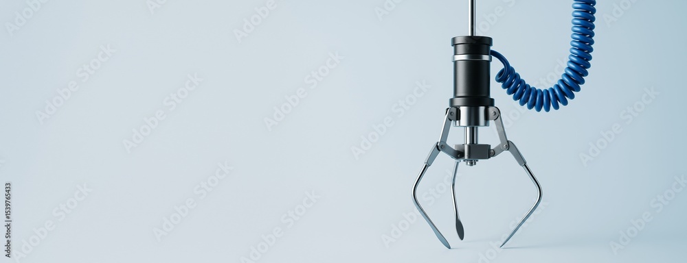 Poster mechanical robotic claw with blue coiled cable suspended on light background with space for copy or 