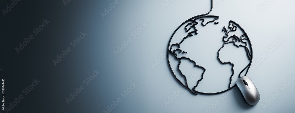 Poster Computer mouse with cord forming world map on gradient background symbolizing global technology connectivity and digital communication concept.