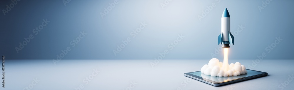 Poster Rocket launching from tablet with smoke and fire, symbolizing startup or innovation, on blue background with copyspace for technology promotion concept.
