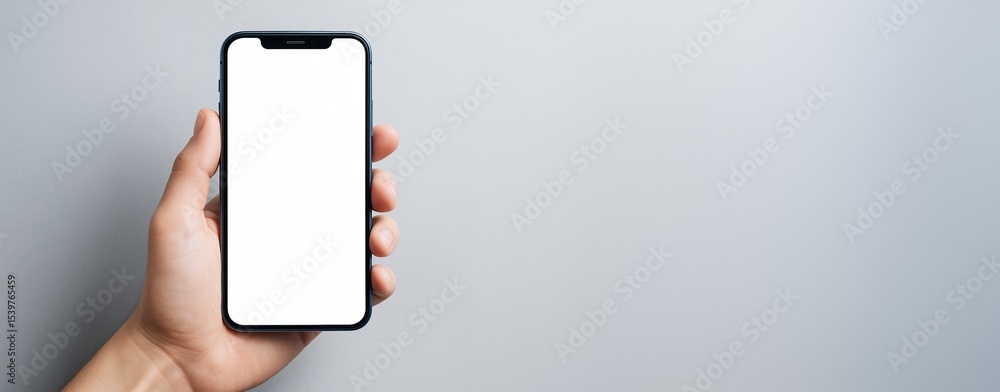 Poster hand holding smartphone with blank white screen on light background for mockup or template use in te