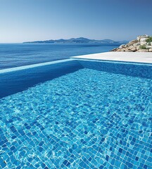 Fototapeta premium Infinity Pool with Mosaic Tiles and Reflective Water Surface on Sleek Floor 