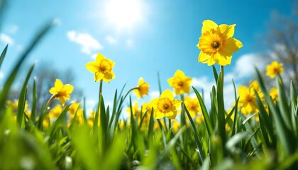 Yellow daffodils bloom in a field under a bright blue sky