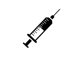 A black and white illustration of a syringe with a needle on a white background diagonally placed