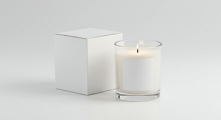 White scented candle in glass jar with blank packaging box
